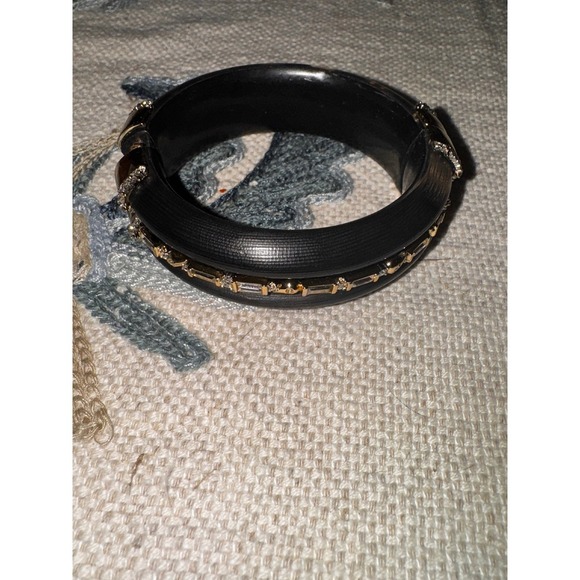 Alexis Bittar Lucite Bangle Bracelet Black Gold Tone Crystal Accent Designer - Picture 6 of 9